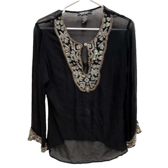 VTG Y2K Rampage Blouse Top Womens Medium Black Sheer Beaded Whimsygoth Holiday - Picture 1 of 12
